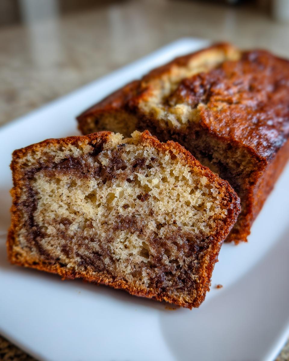 Close-up of a slice of Dorm-Friendly banana bread showing a rich cinnamon swirl pattern inside.