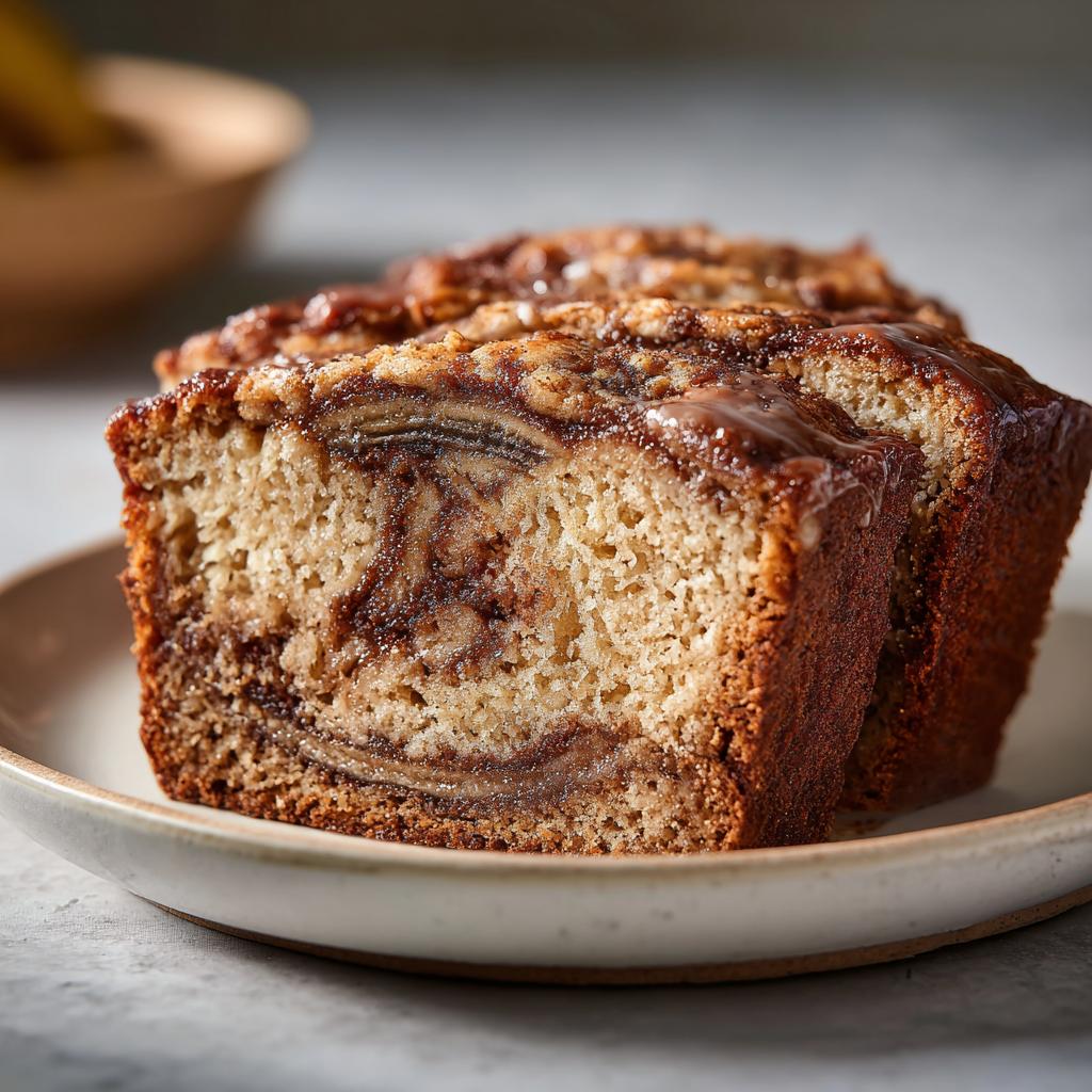Close-up of three slices of Dorm-Friendly banana bread with a rich cinnamon swirl inside and a glossy topping.