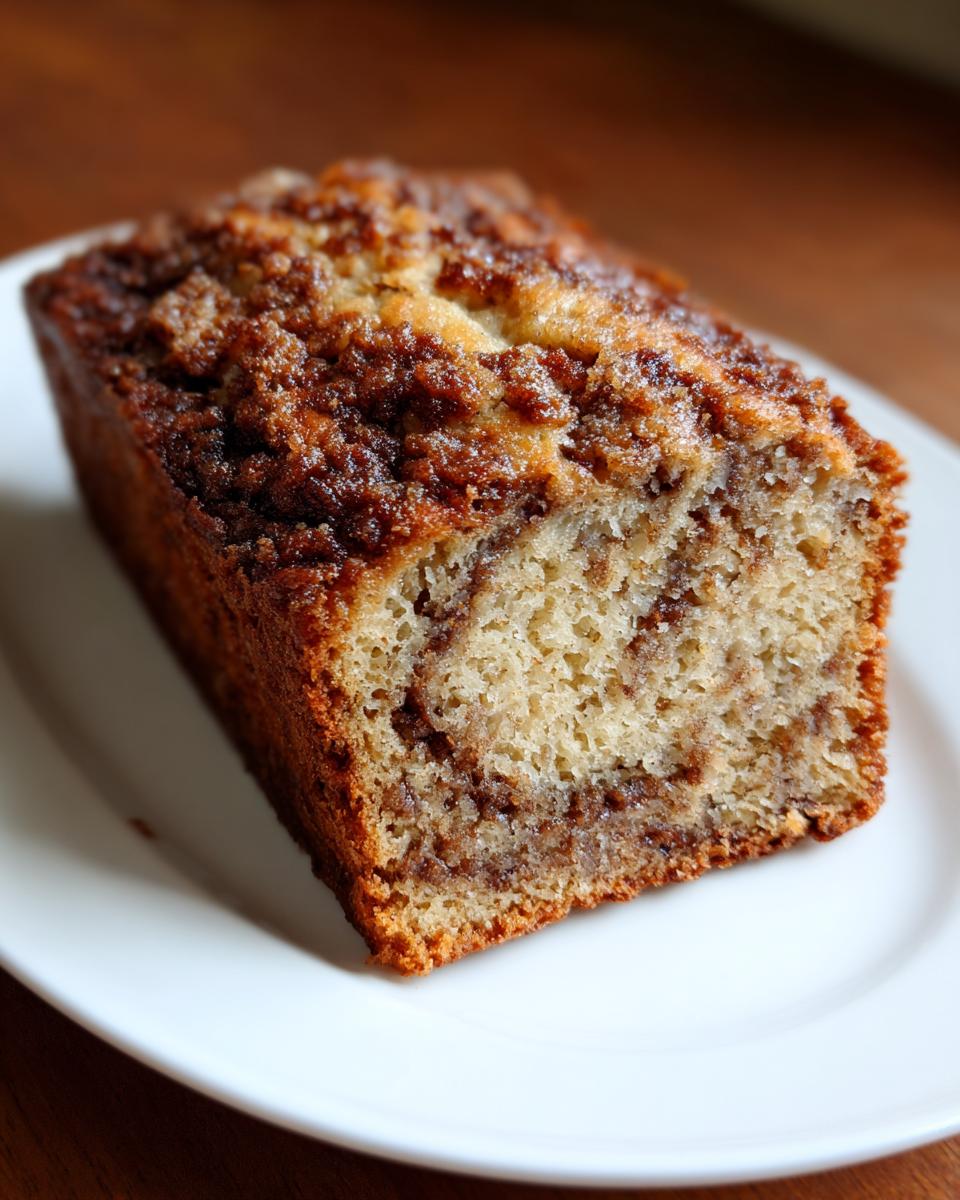 A close-up of a loaf slice of Dorm-Friendly banana bread featuring a rich cinnamon swirl inside and a crumbly topping.