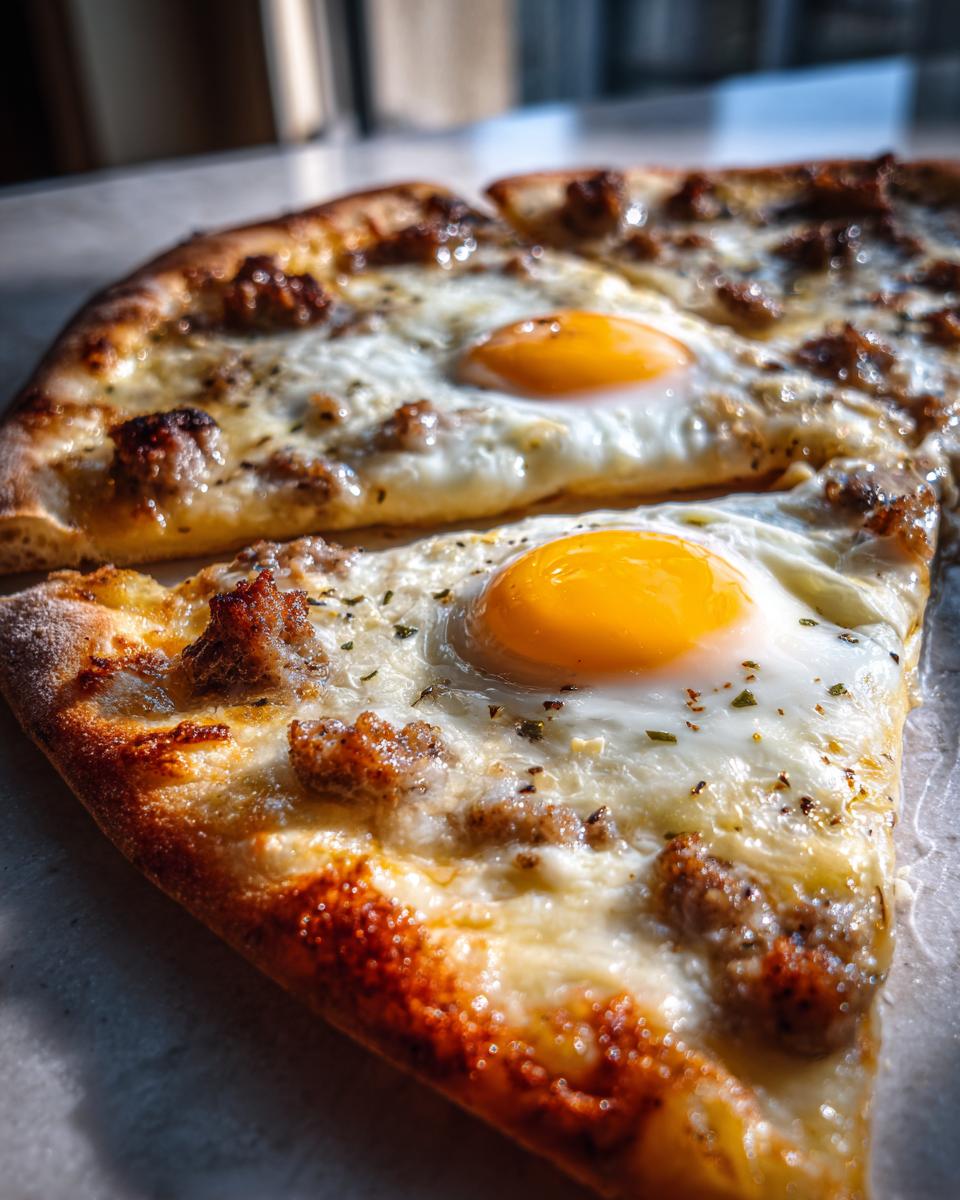 Close-up of two slices of Breakfast Pizza featuring melted cheese, sausage crumbles, and sunny-side-up eggs.