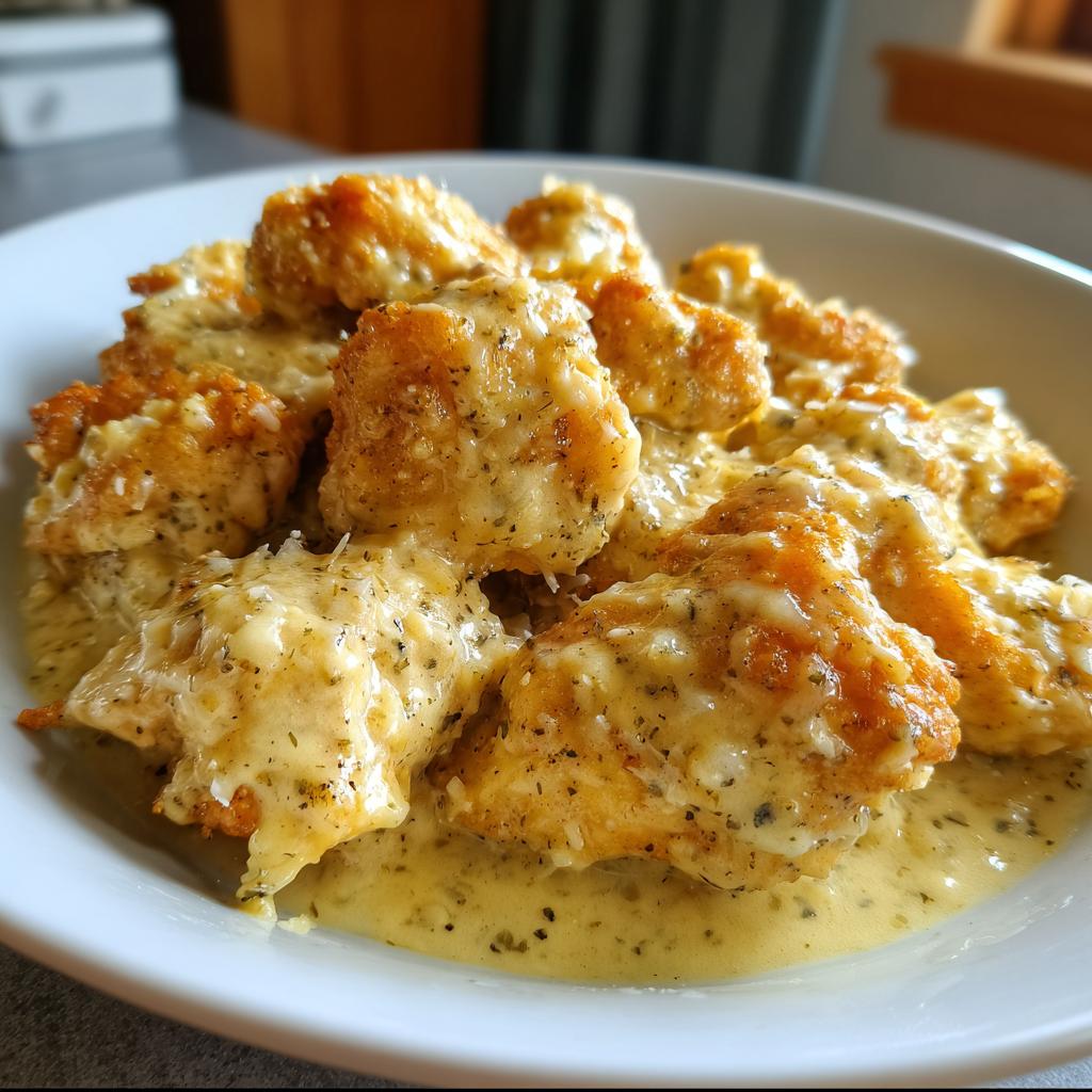 Close-up of bite-sized, breaded chicken pieces smothered in a tangy creamy lemon sauce.