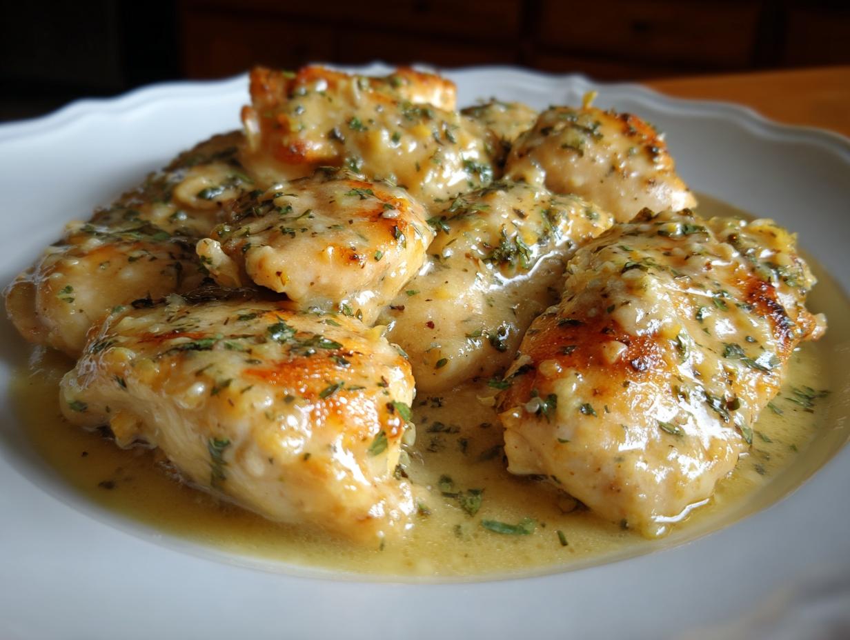 Close-up of seared chicken pieces smothered in a tangy creamy lemon sauce with parsley.