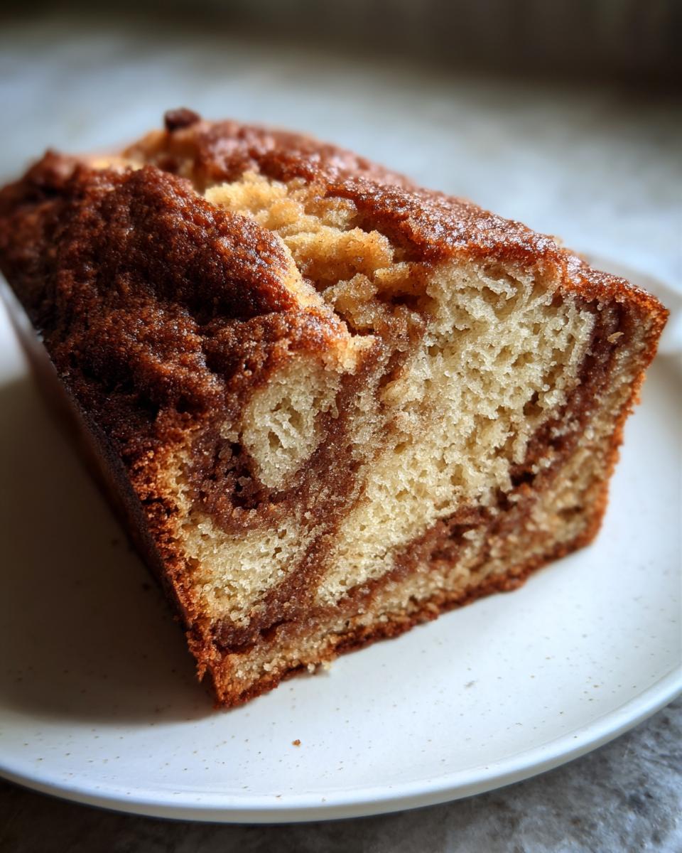 Close-up of a slice of homemade Cinnamon Swirl Banana Bread showing the marbled interior texture.