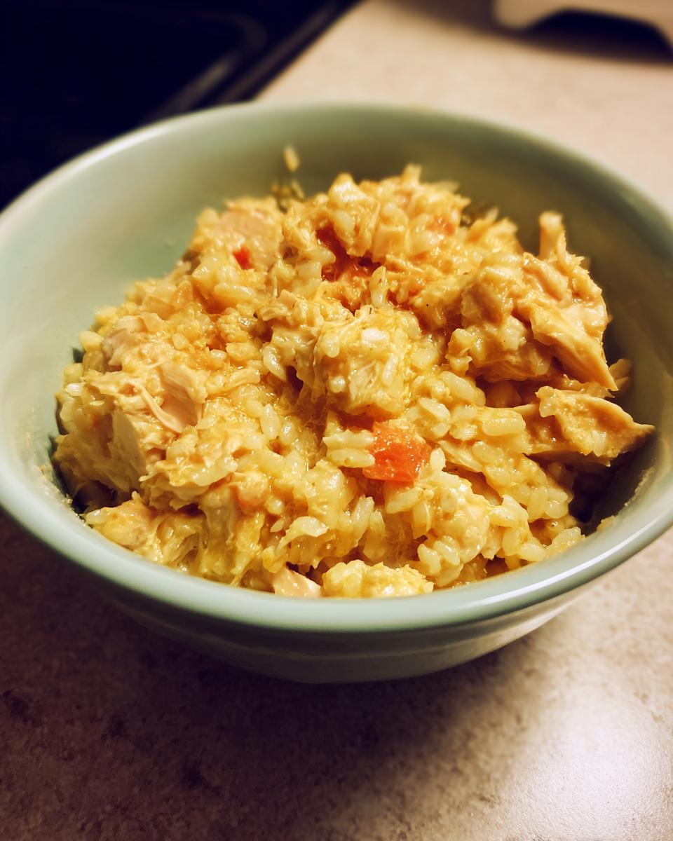 A close-up of a simple, creamy chicken and rice mixture served in a light green bowl, perfect for dorm-friendly easy dinner recipes.