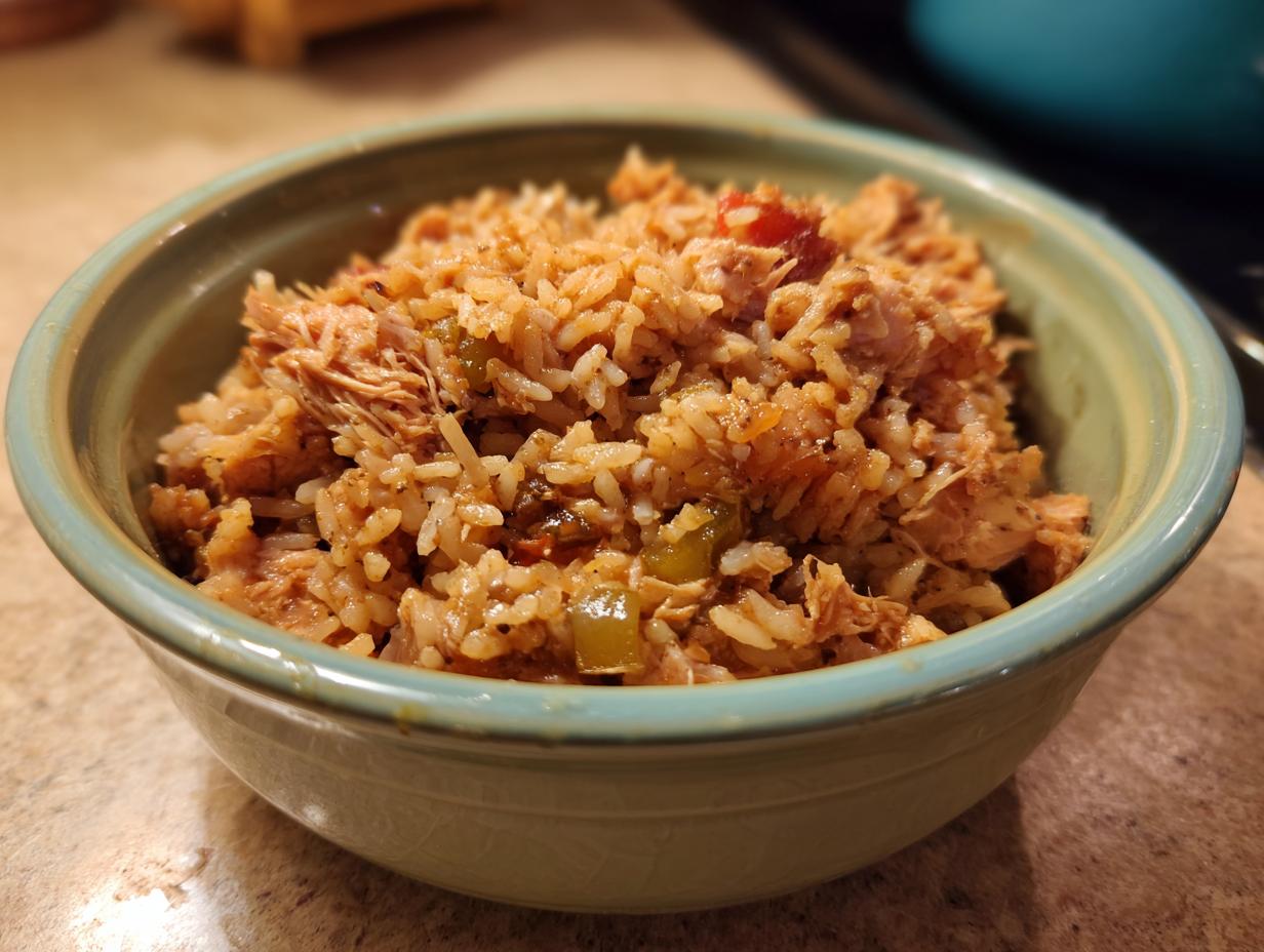 A close-up of a light green bowl filled with tuna and rice, a simple and easy dinner idea.