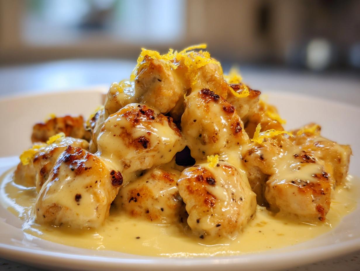 Close-up of bite-sized pieces of Tangy Creamy Lemon Chicken coated in a rich sauce and topped with zest.