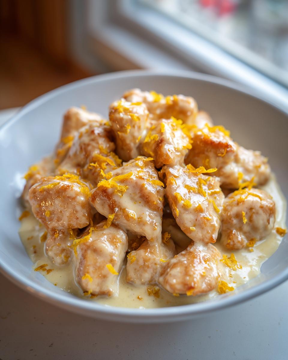 Close-up of bite-sized pieces of Tangy Creamy Lemon Chicken coated in a rich sauce and topped with bright lemon zest.