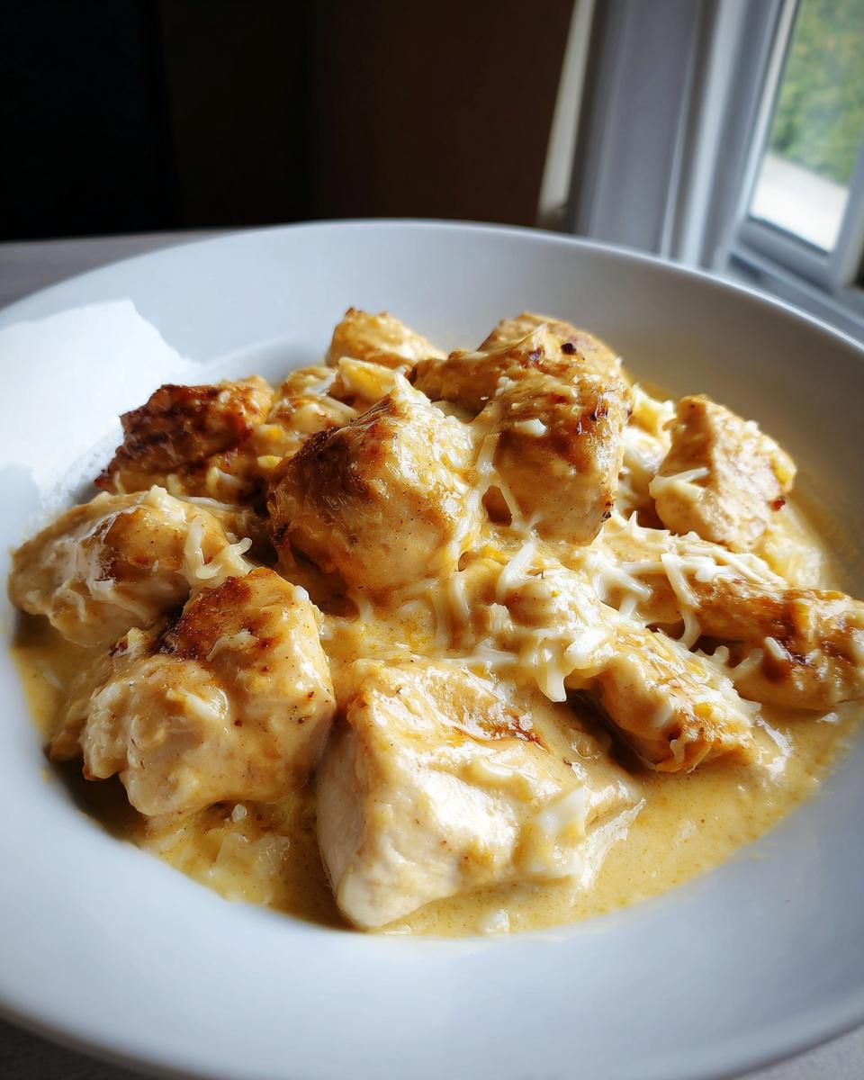 Close-up of Tangy Creamy Lemon Chicken pieces covered in a rich, yellow sauce and shredded cheese in a white bowl.