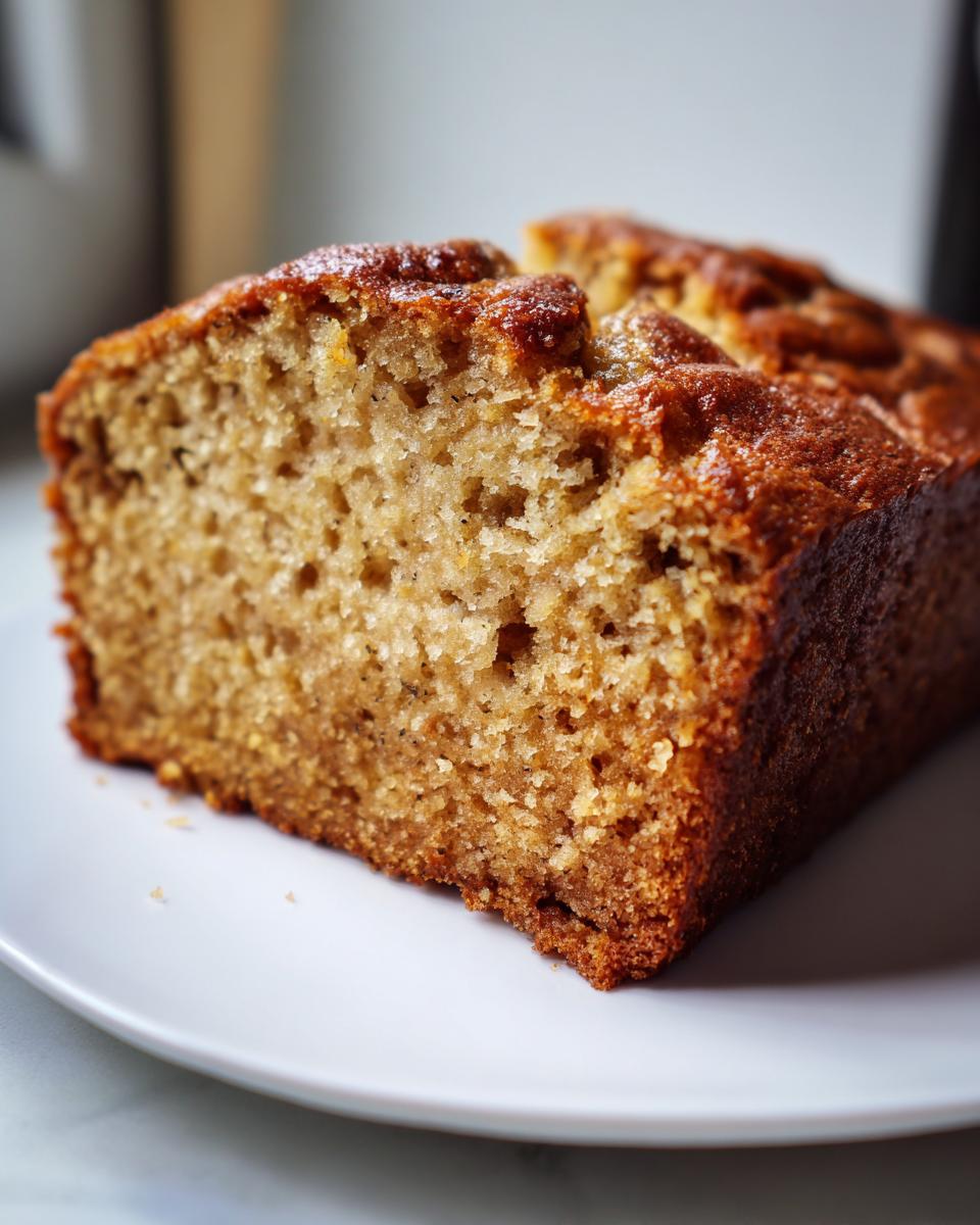 Close-up of a moist, golden-brown slice of banana bread on a white plate.