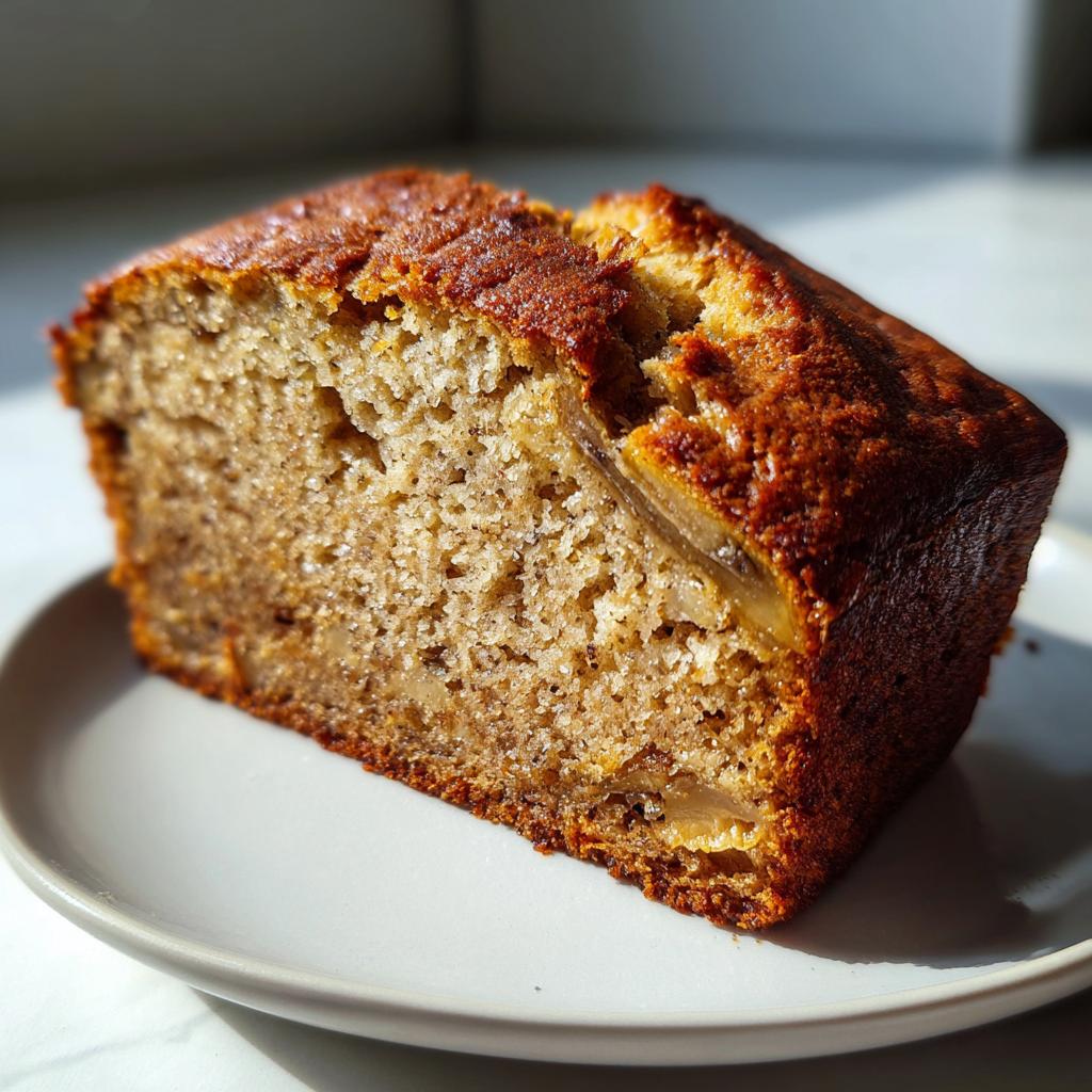 A close-up slice of moist, tender Easy Banana Bread Recipe with a golden-brown crust.