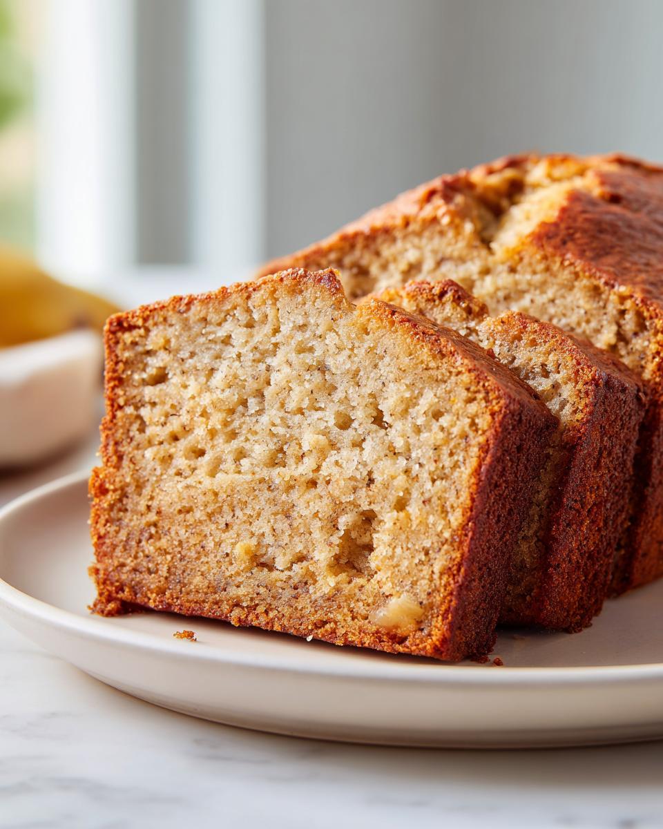 Close-up of thick slices of moist Easy Banana Bread Recipe on a light plate.