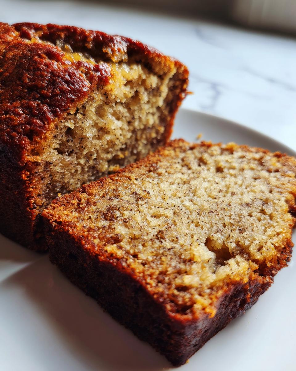 Close-up of a slice cut from a moist Easy Banana Bread Recipe loaf, showing a dark, caramelized crust.