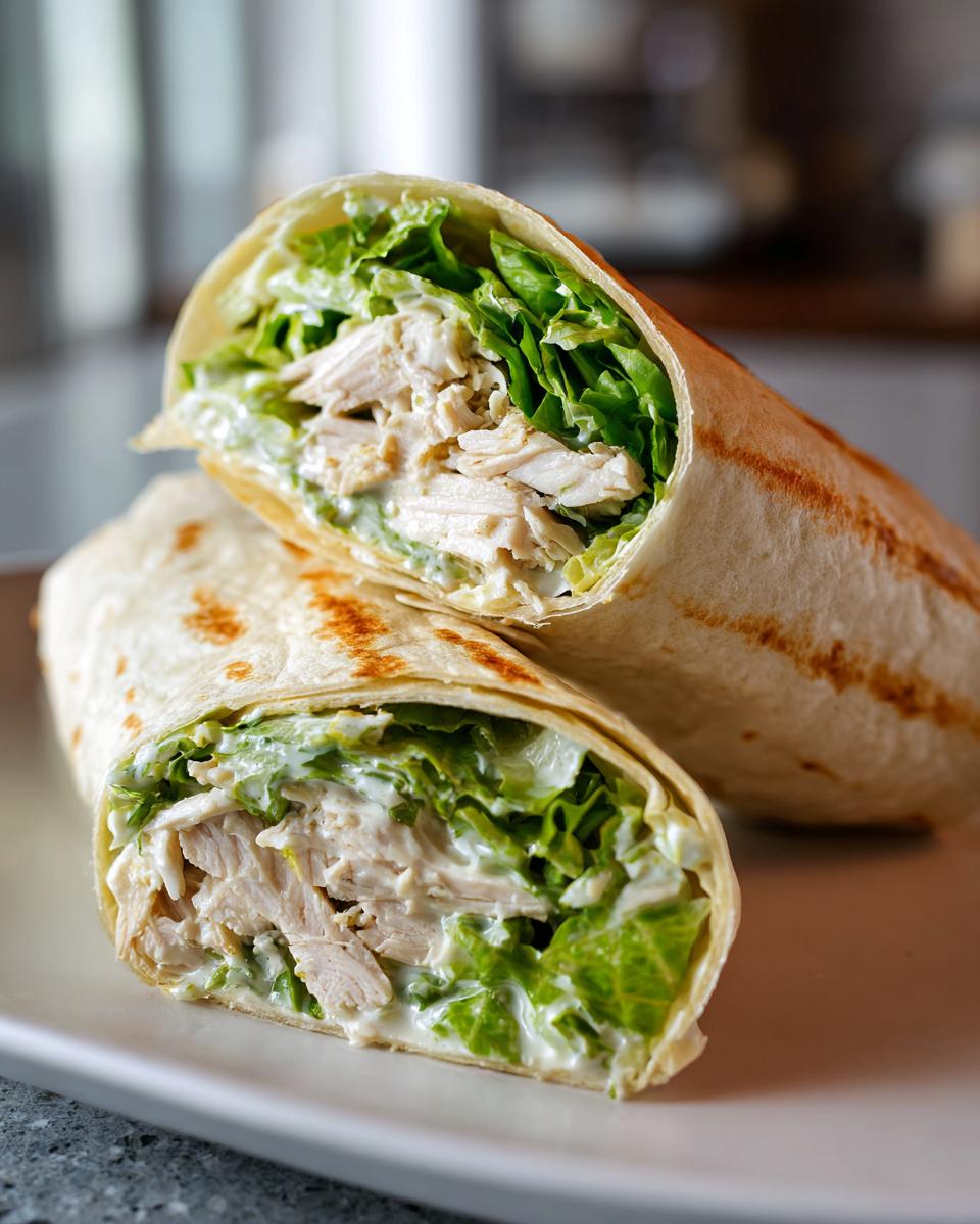 A cross-section view of an Easy Chicken Caesar Wrap filled with shredded chicken, romaine lettuce, and creamy Caesar dressing.