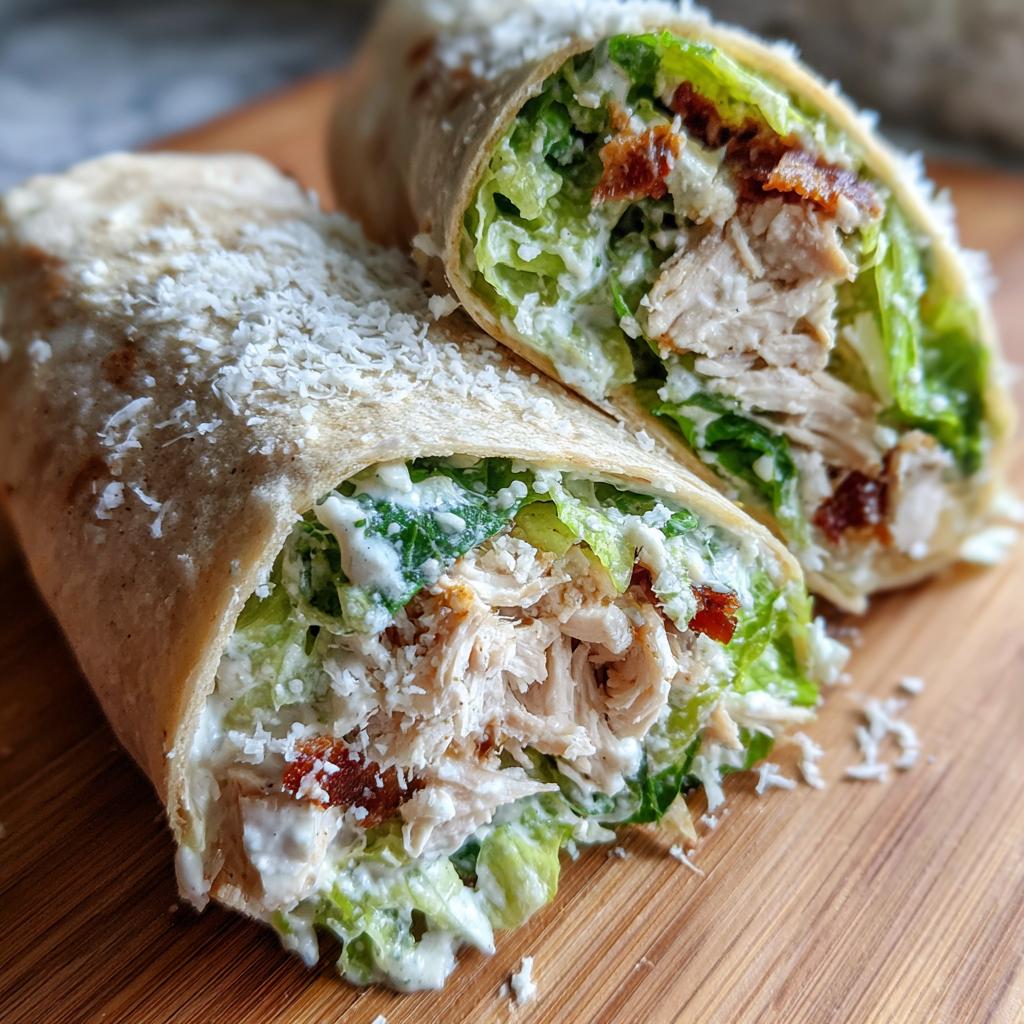 Cross-section view of an Easy Chicken Caesar Wrap filled with shredded chicken, romaine lettuce, and Caesar dressing, topped with Parmesan.