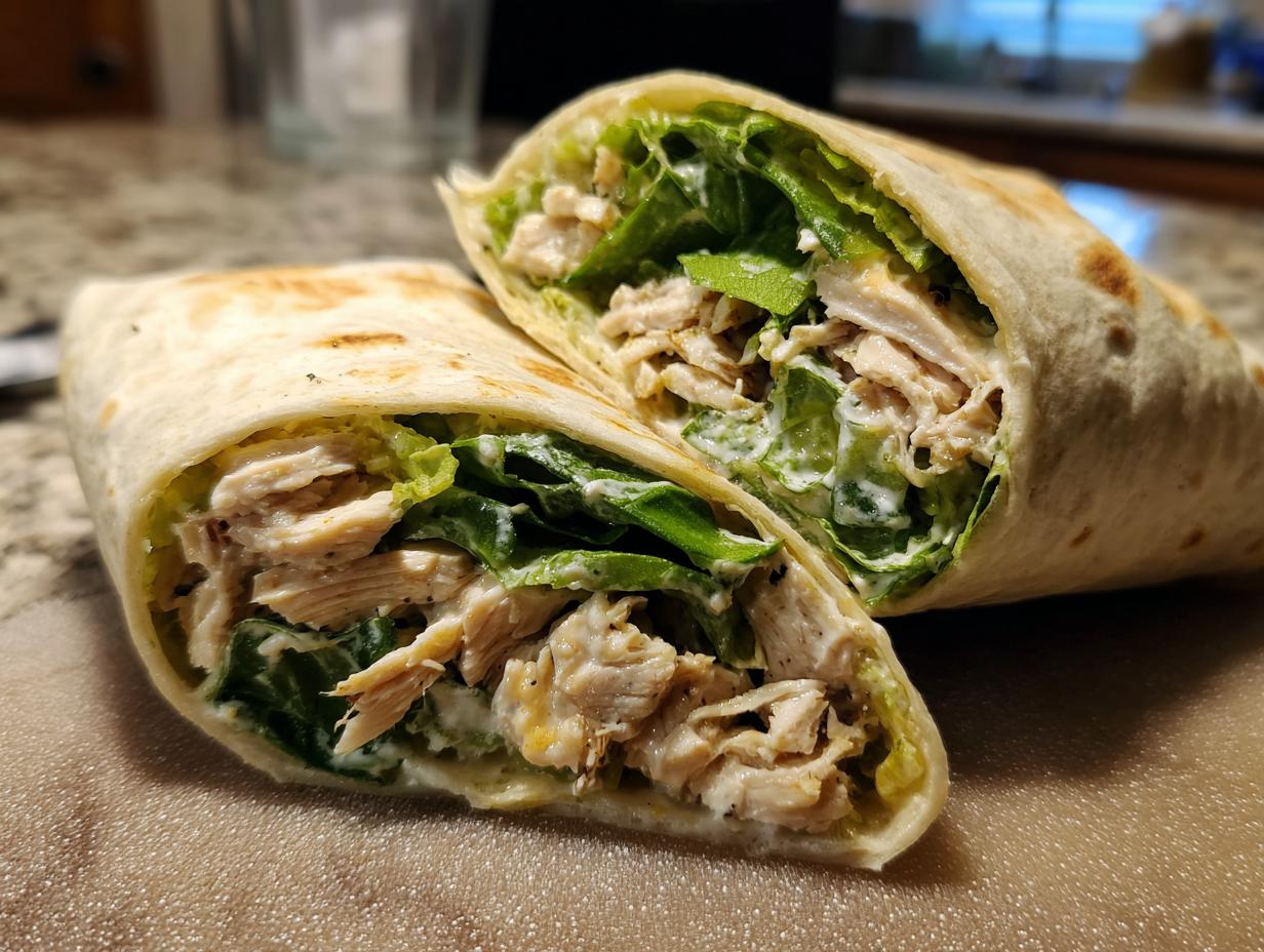Close-up of an Easy Chicken Caesar Wrap cut in half, showing shredded chicken, romaine lettuce, and creamy dressing.