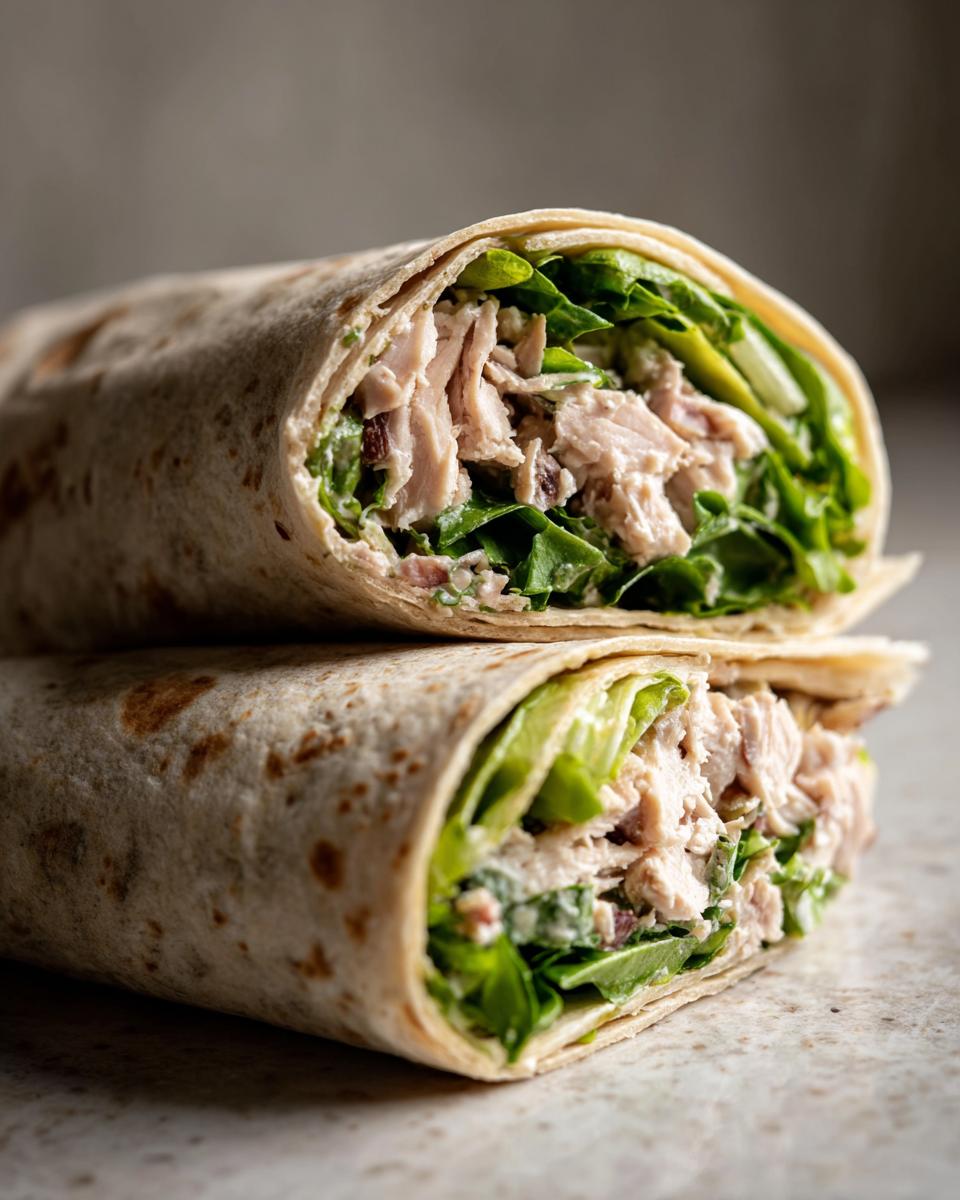 Two halves of an Easy Chicken Caesar Wrap stacked, showing shredded chicken, crisp lettuce, and creamy dressing inside a tortilla.