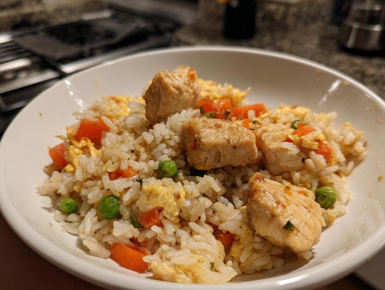 A white bowl filled with easy chicken fried rice featuring chunks of chicken, peas, carrots, and scrambled egg.