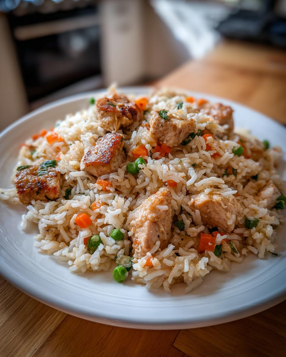 A plate of easy chicken fried rice with peas and carrots, perfect for weeknight dinners.
