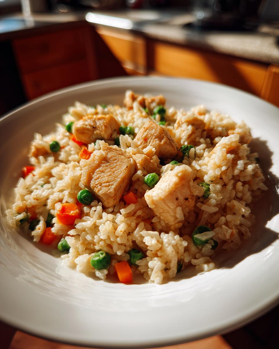 A bowl of easy chicken fried rice with peas and carrots, perfect for weeknight dinners.