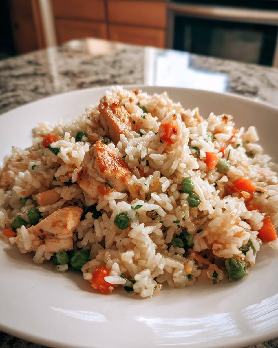 Close-up of easy chicken fried rice with peas and carrots, a perfect weeknight-friendly dinner.