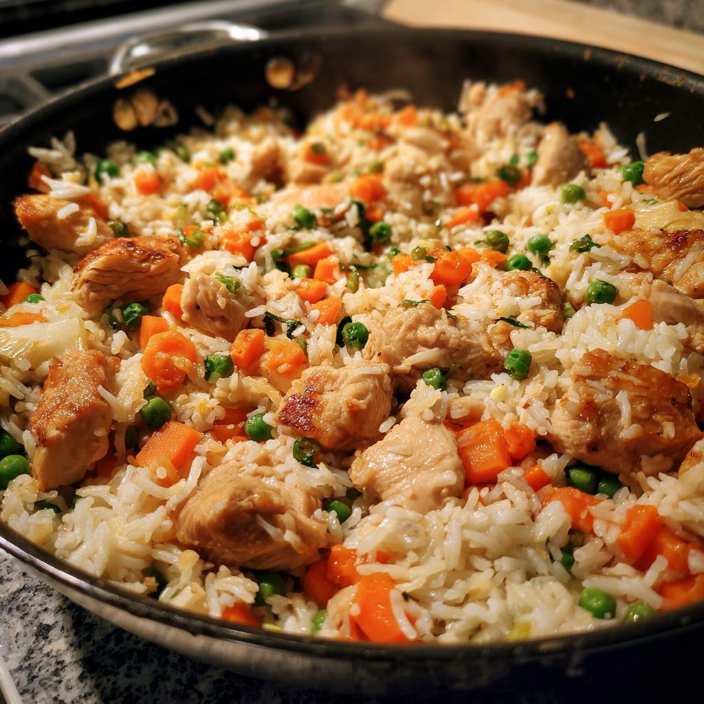 Close-up of chicken fried rice with carrots and peas, a perfect example of Easy Weeknight Dinners That Even the Kids Will Eat.