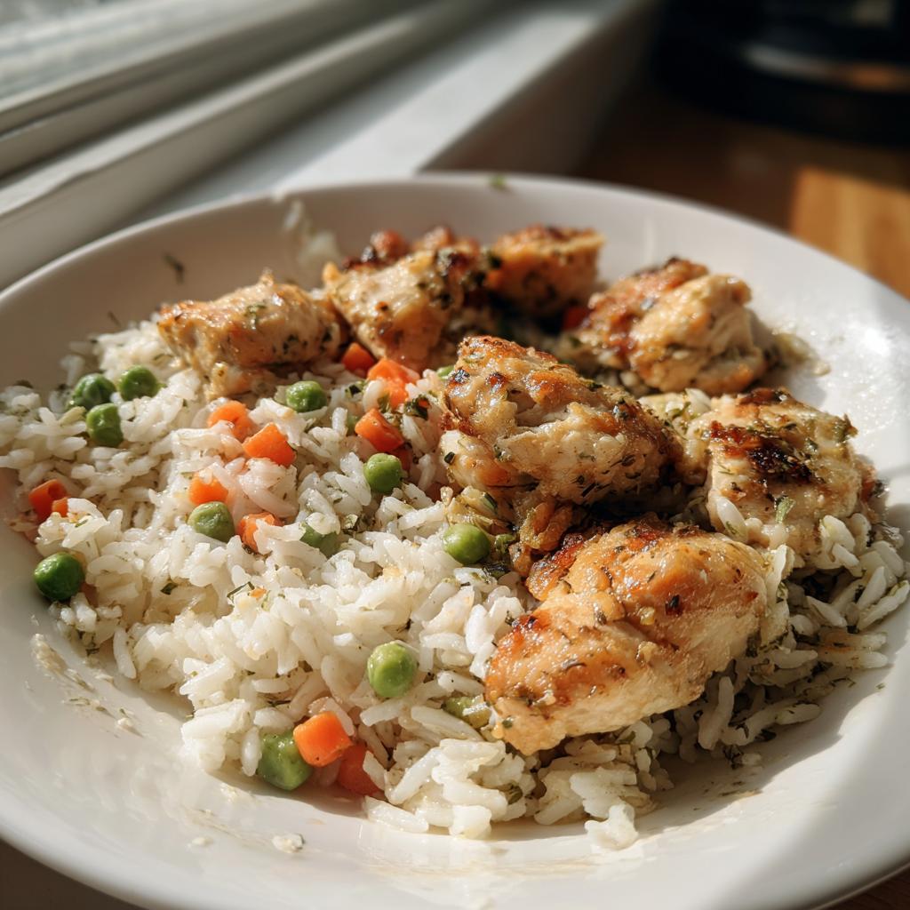 A bowl of seasoned chicken pieces served over white rice mixed with peas and carrots, perfect for easy weeknight dinners.