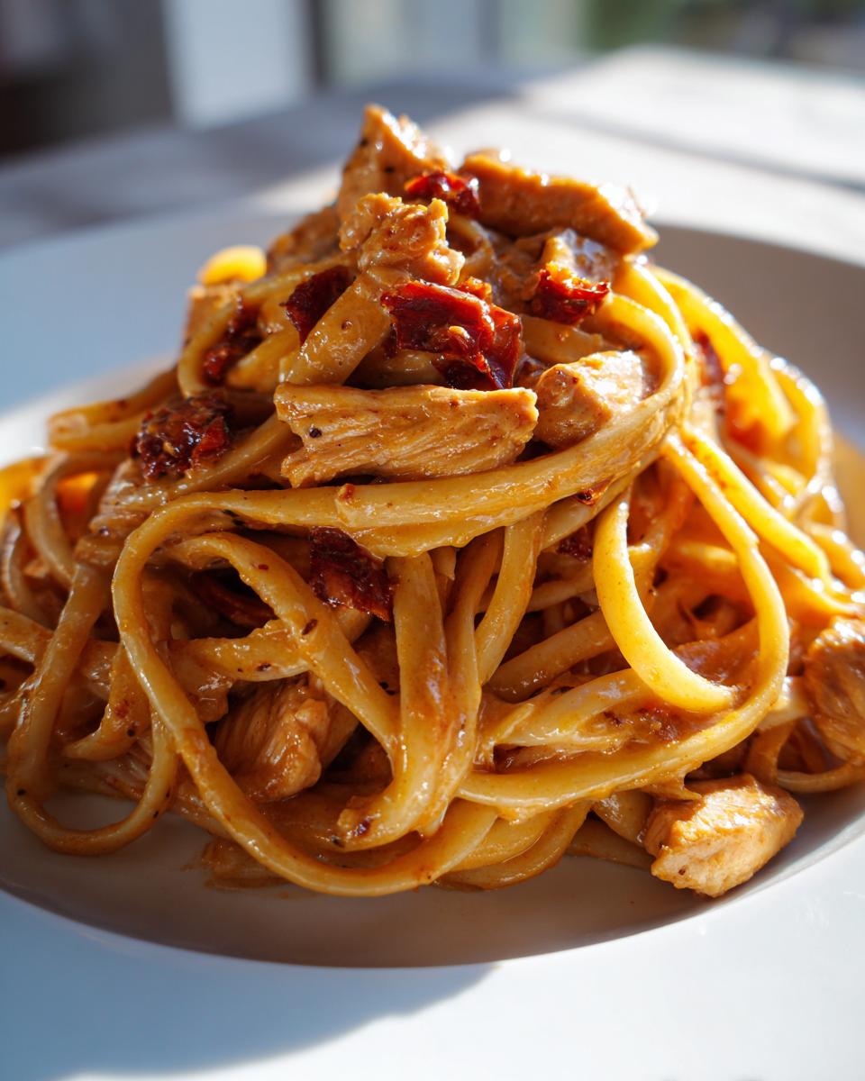 Close-up of Easy Cowboy Butter Chicken Linguine coated in a creamy sauce with sun-dried tomatoes.