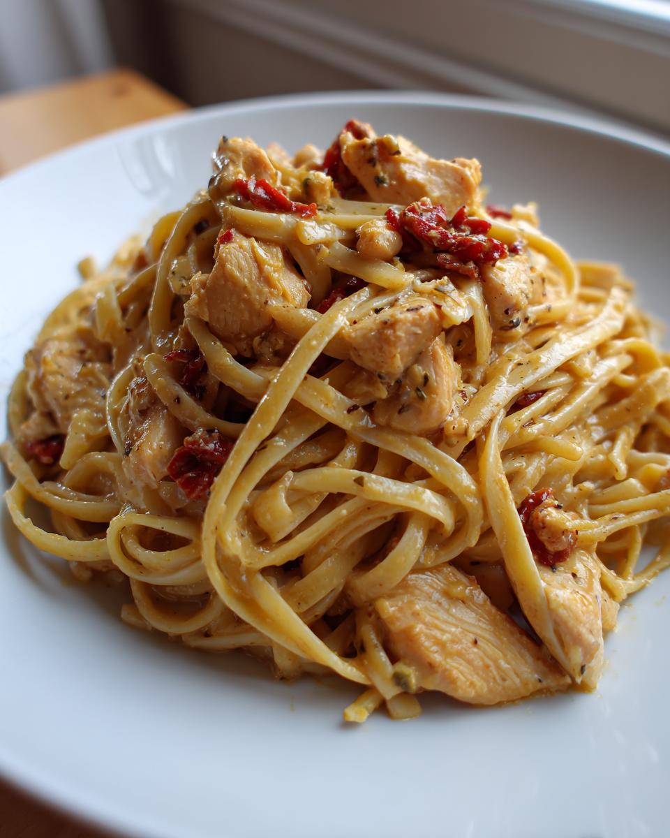 Close-up of Easy Cowboy Butter Chicken Linguine with creamy sauce, chicken pieces, and sun-dried tomatoes on a white plate.