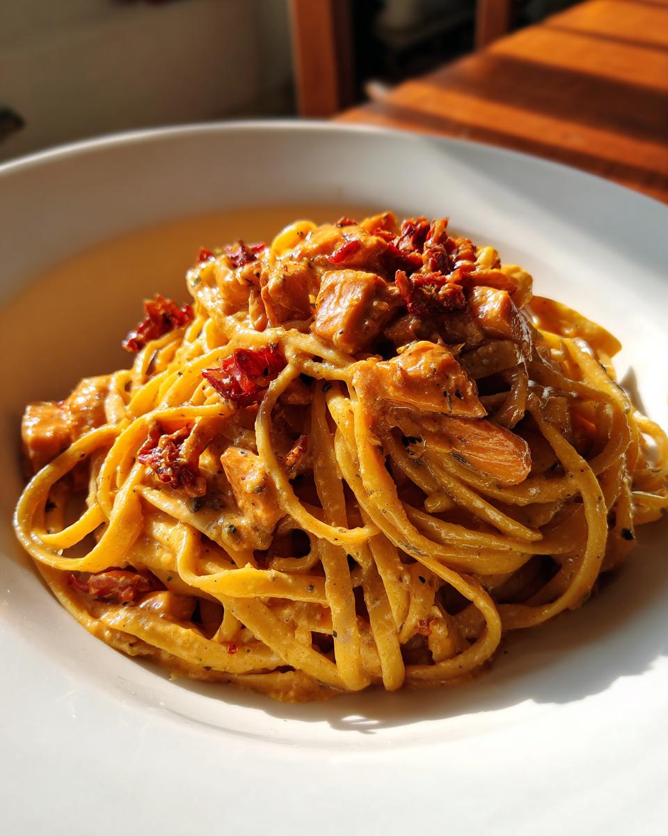 A close-up of Easy Cowboy Butter Chicken Linguine coated in a rich, creamy sauce and topped with sun-dried tomatoes.