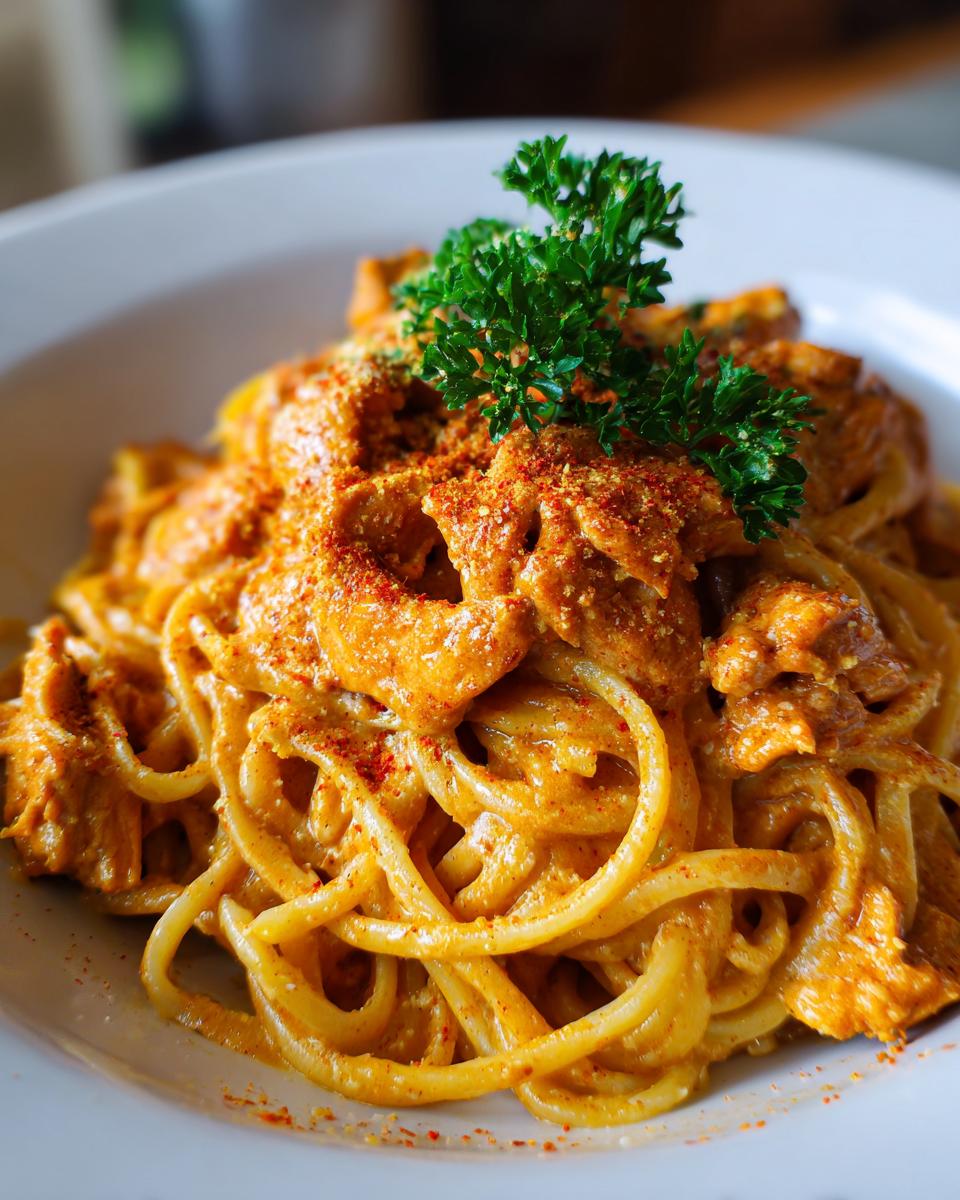 Close-up of Easy Cowboy Butter Chicken Linguine coated in a rich orange sauce, garnished with parsley.