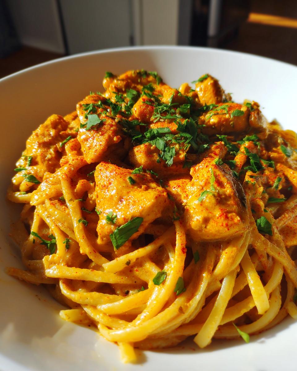 Close-up of Easy Cowboy Butter Chicken Linguine coated in rich orange sauce, topped with parsley.
