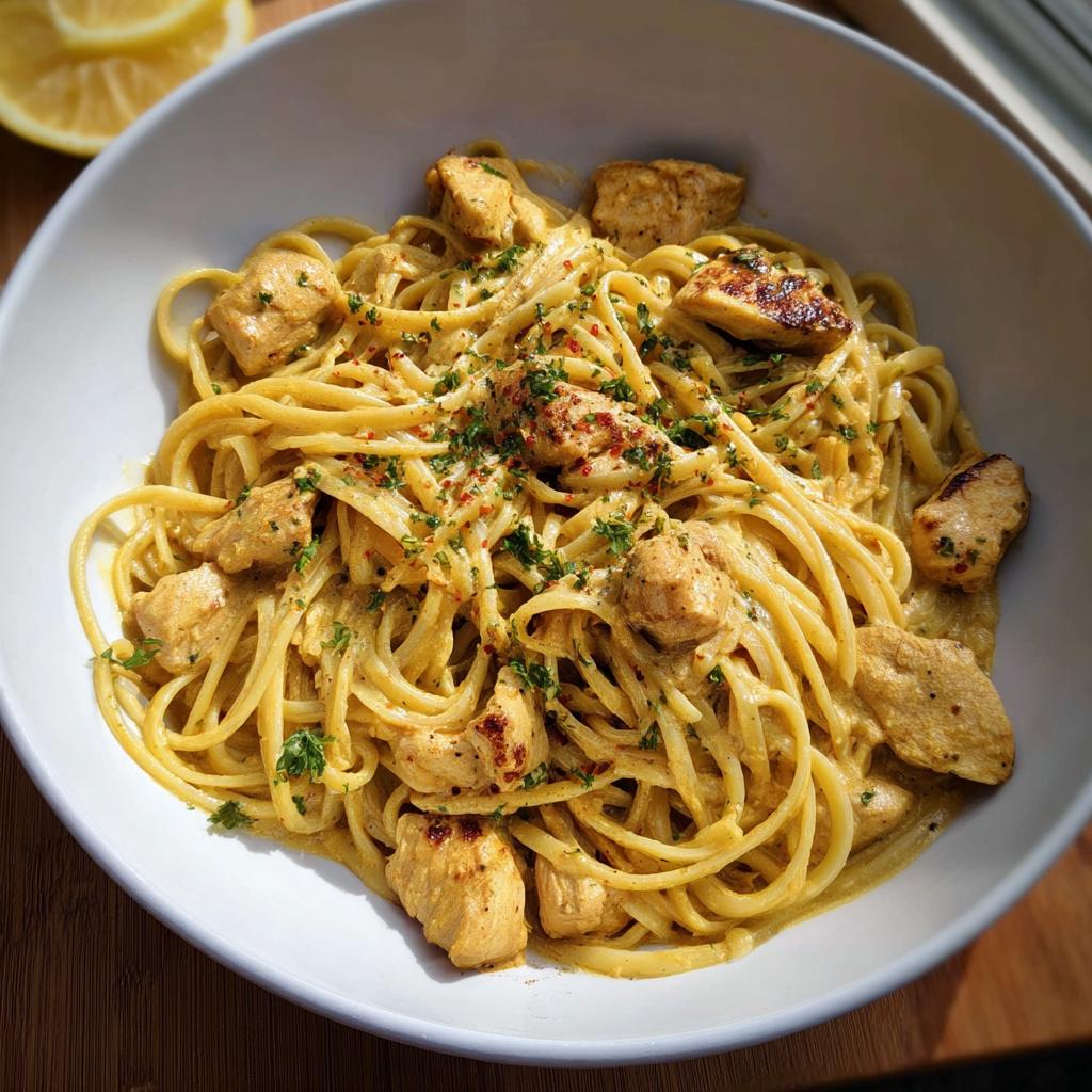A bowl of Easy Cowboy Butter Chicken Linguine coated in a creamy yellow sauce, topped with chicken pieces and parsley.