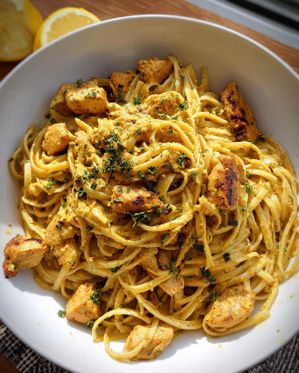 A close-up of Easy Cowboy Butter Chicken Linguine with creamy sauce and grilled chicken pieces.
