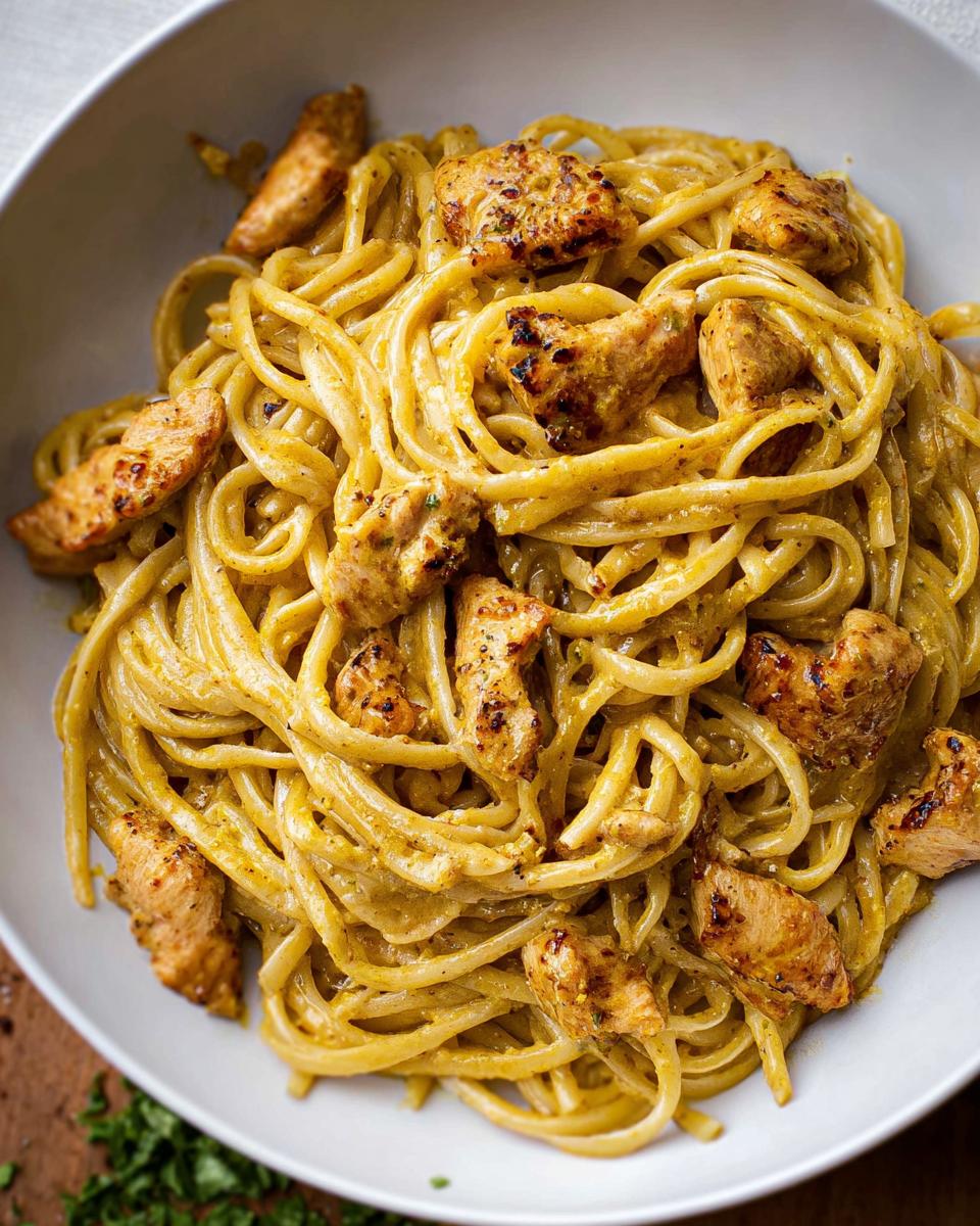 Close-up of Easy Cowboy Butter Chicken Linguine tossed in a creamy sauce, served in a white bowl.