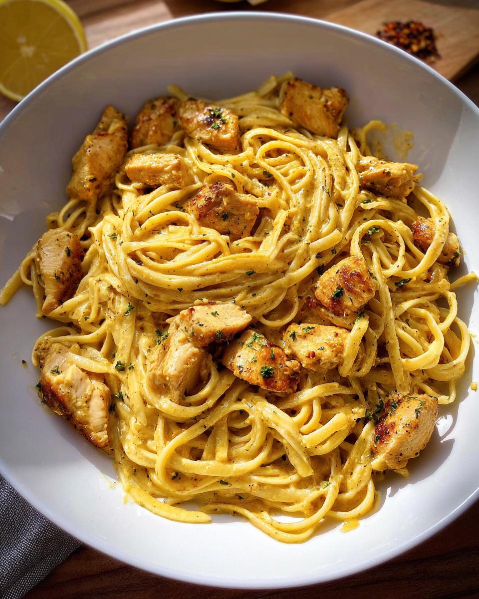 Close-up of Easy Cowboy Butter Chicken Linguine featuring creamy sauce, linguine pasta, and seasoned chicken pieces.
