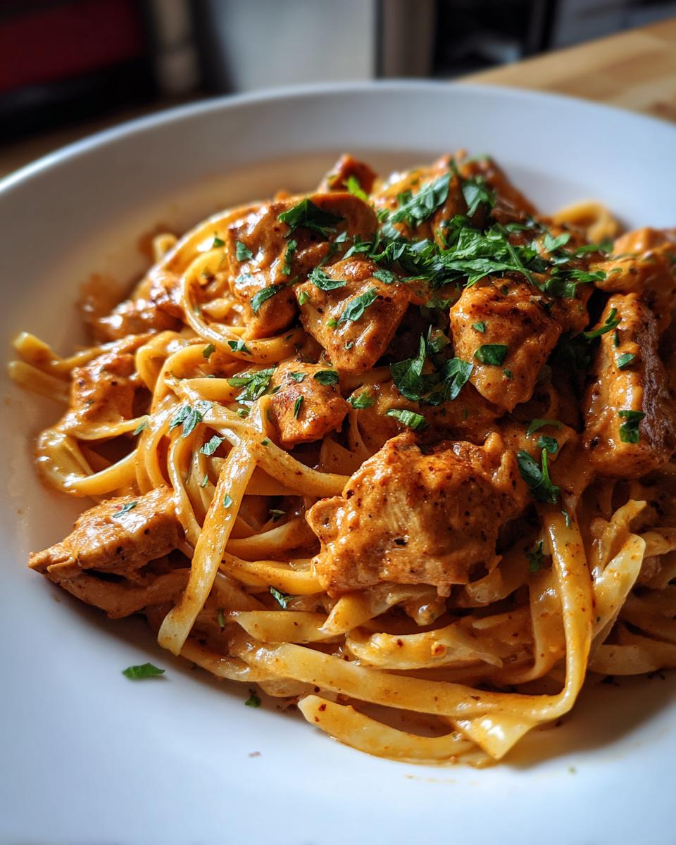 Close-up of Easy Cowboy Butter Chicken Linguine tossed in a creamy sauce, garnished with fresh parsley.