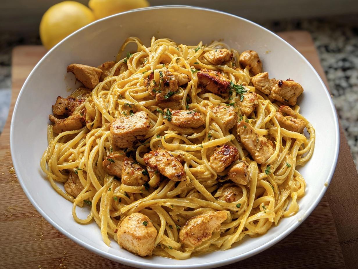 A white bowl filled with Easy Cowboy Butter Chicken Linguine, topped with seasoned chicken pieces and parsley.