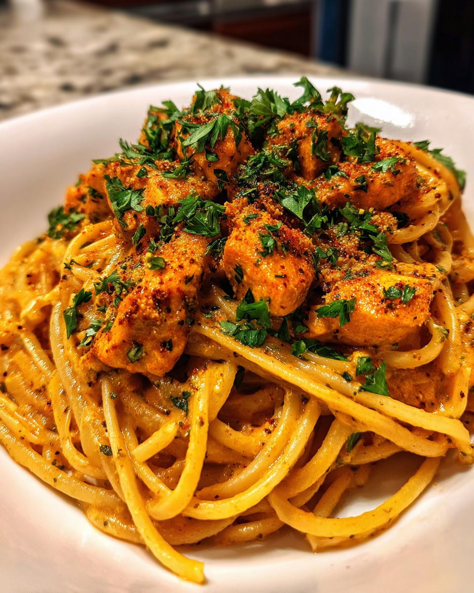 Close-up of Easy Cowboy Butter Chicken Linguine coated in creamy sauce and topped with seasoned chicken pieces and fresh parsley.