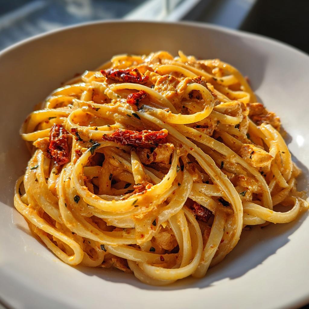 Close-up of creamy Easy Cowboy Butter Chicken Linguine topped with sun-dried tomatoes.