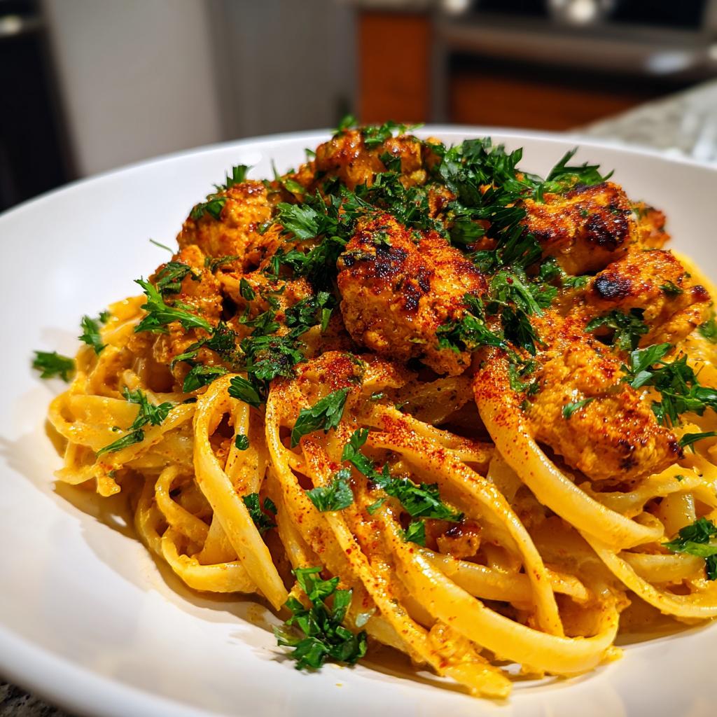 Close-up of Easy Cowboy Butter Chicken Linguine topped with seasoned chicken pieces and fresh parsley.