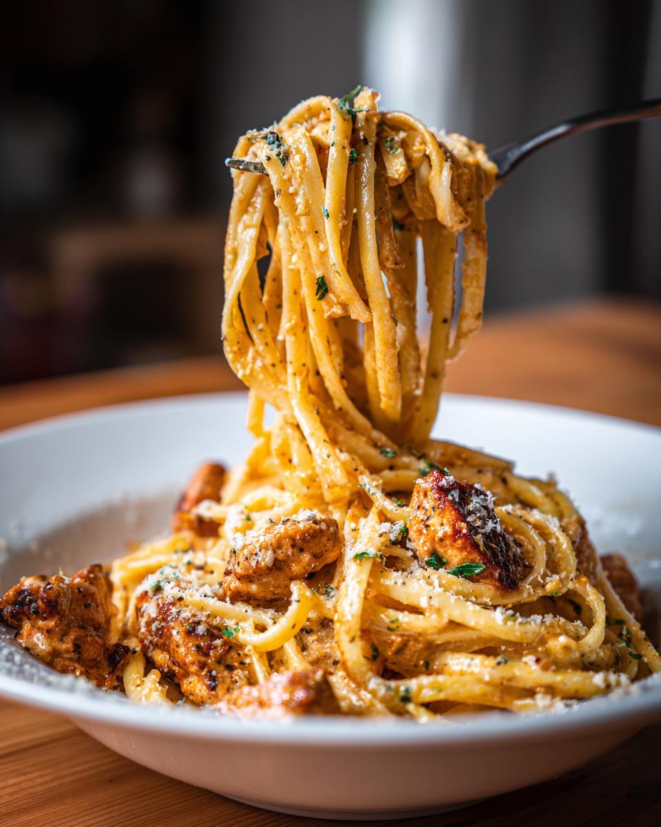 A fork lifts a large twirl of linguine coated in creamy sauce and spices from a bowl of Easy Cowboy Butter Chicken Linguine.