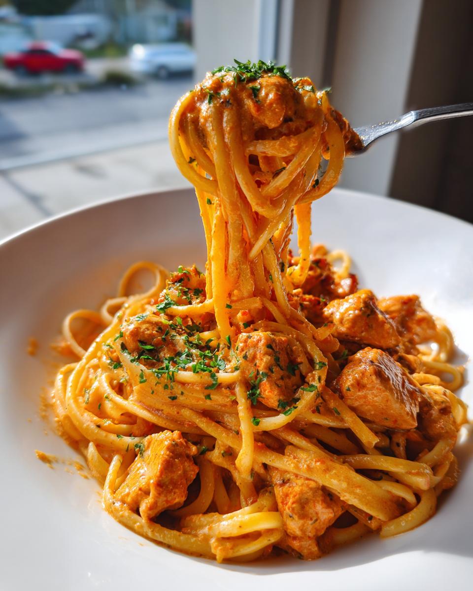 A fork lifts a generous swirl of Easy Cowboy Butter Chicken Linguine coated in creamy orange sauce and chunks of chicken.