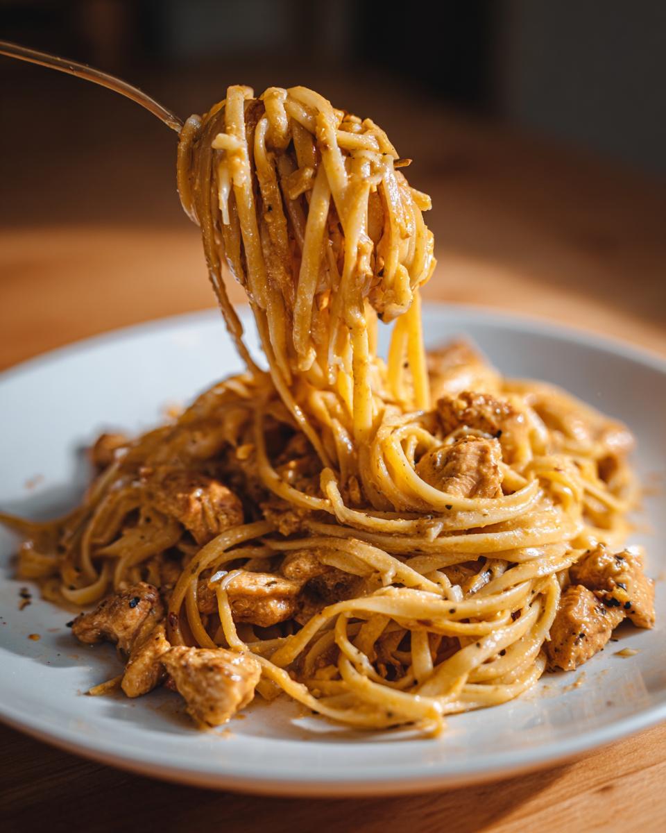 A fork lifting a generous portion of creamy Cowboy Butter Chicken Linguine from a white plate.
