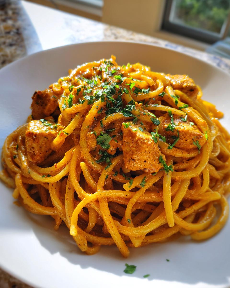 A close-up of Easy Cowboy Butter Chicken Linguine coated in a creamy orange sauce and topped with fresh parsley.