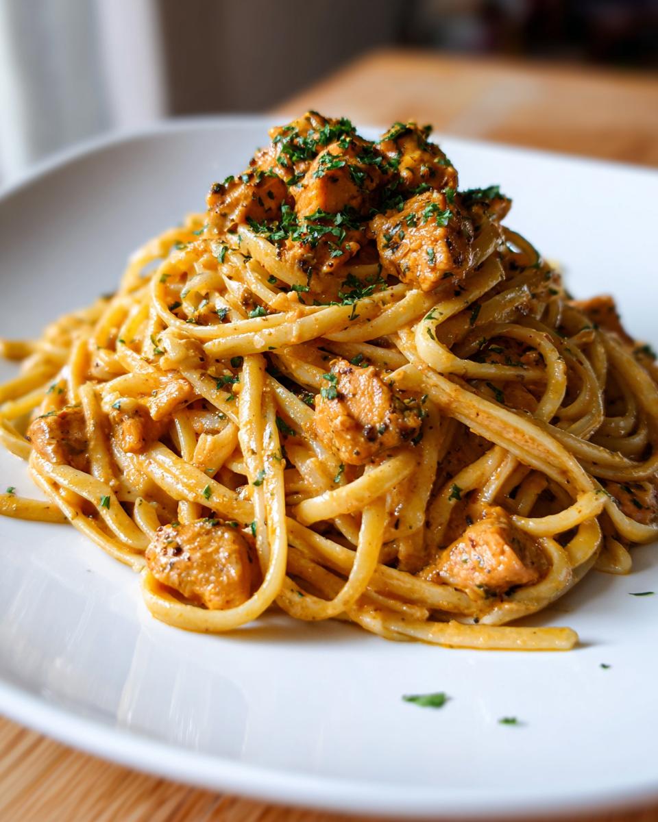 A close-up of Easy Cowboy Butter Chicken Linguine served on a white plate, topped with chopped parsley.