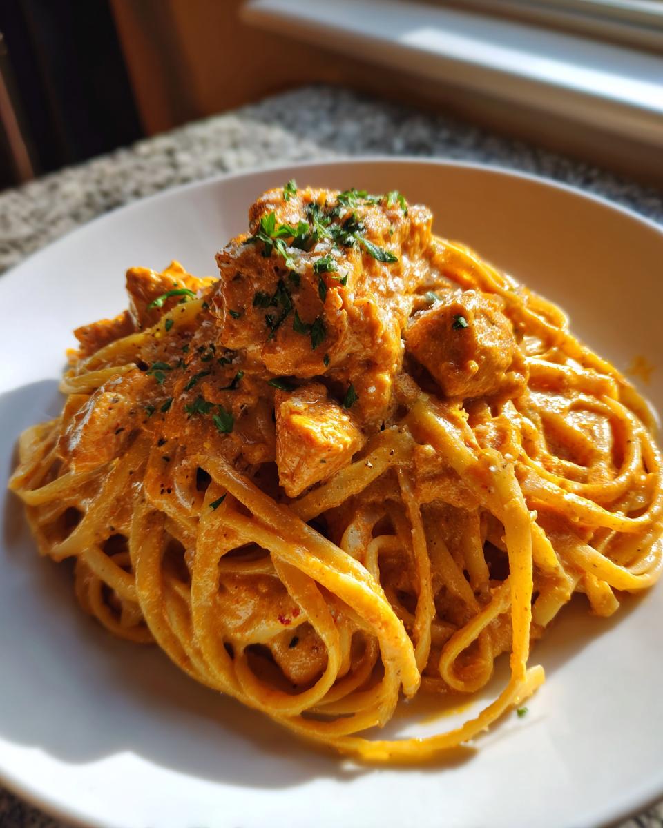 A close-up of Easy Cowboy Butter Chicken Linguine coated in creamy orange sauce, garnished with parsley.