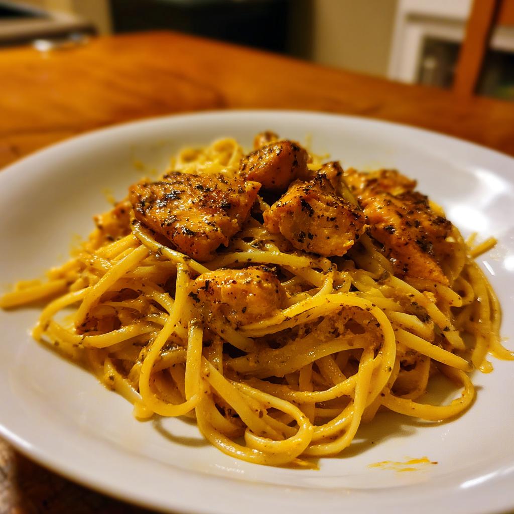 A close-up of Easy Cowboy Butter Chicken Linguine with seasoned chicken pieces over creamy linguine pasta.