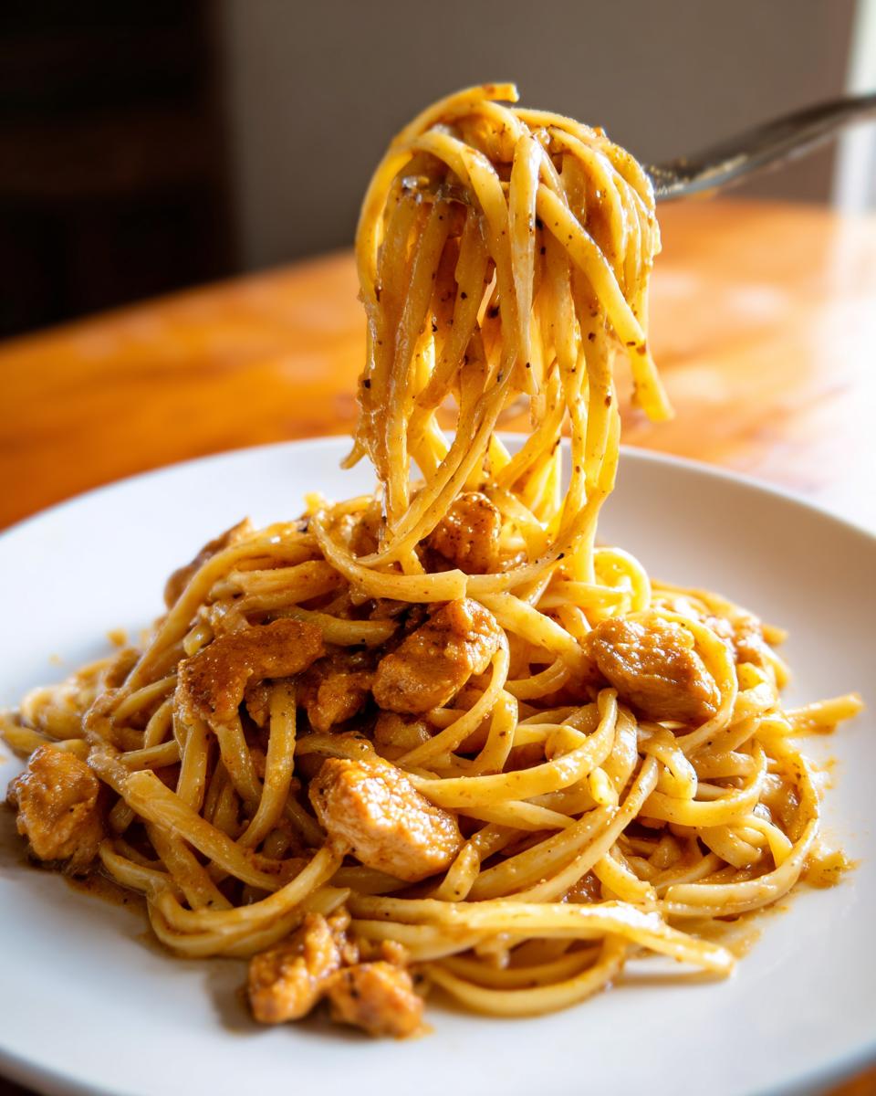 A fork lifts a generous twirl of linguine noodles coated in creamy sauce and chunks of chicken from a plate of Easy Cowboy Butter Chicken Linguine.
