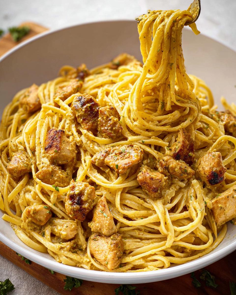 A fork lifting a generous portion of Easy Cowboy Butter Chicken Linguine coated in creamy sauce.