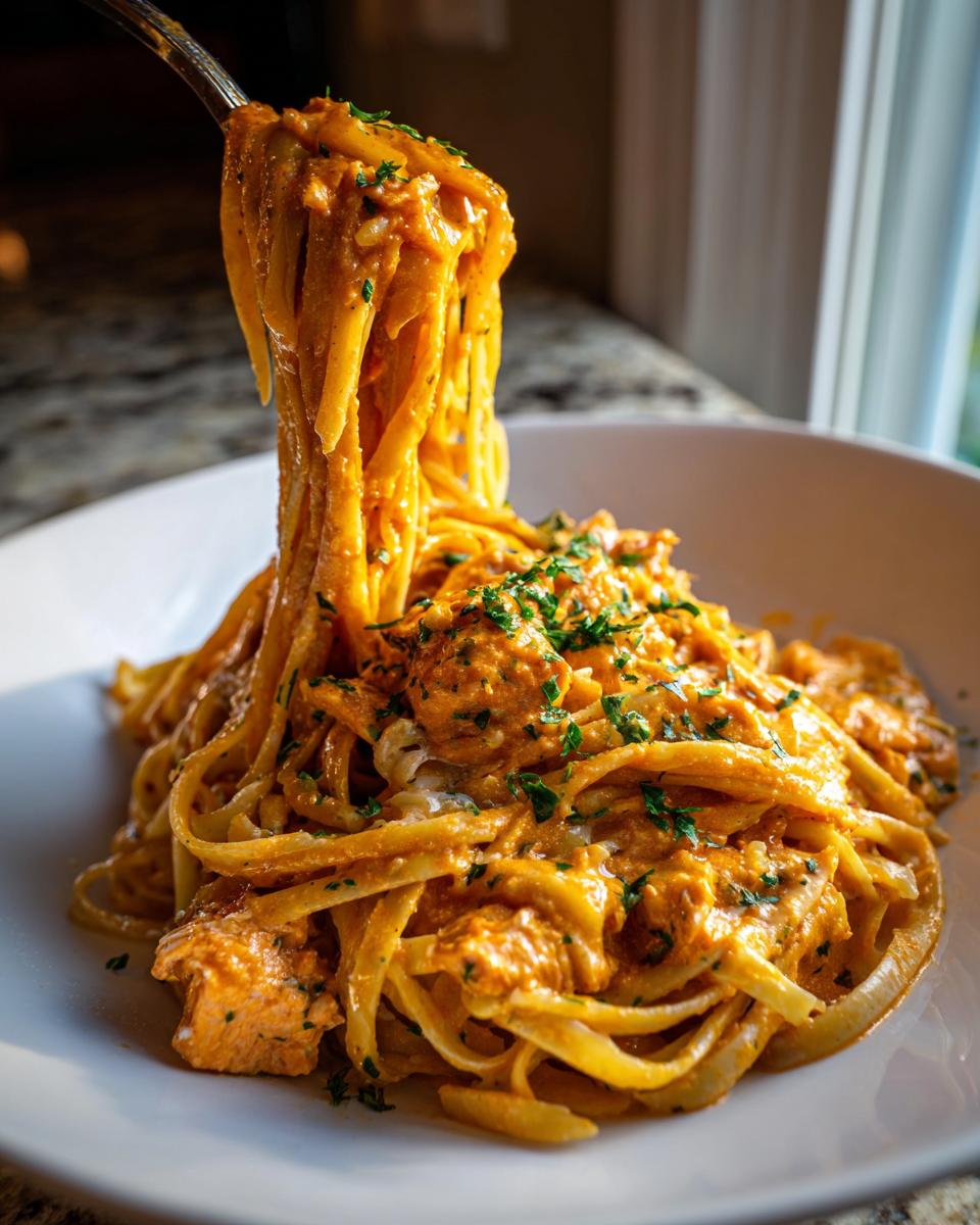 A fork lifts a generous twirl of linguine coated in creamy orange Cowboy Butter Chicken sauce from a white bowl.